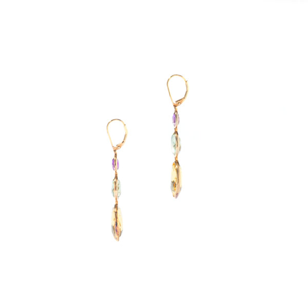 Citrine Amethyst Aquamarine Rose Cut Yellow Gold Earrings Ear Pendants