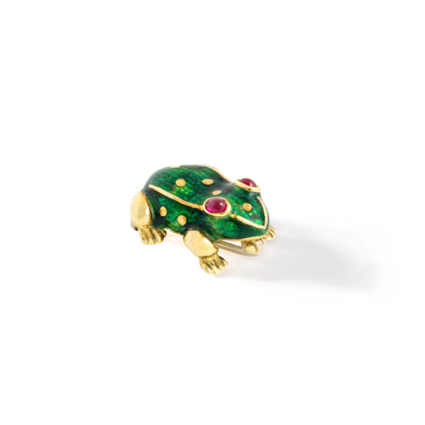 frog grenouille prince enamel yellow gold 18k ruby cabochon flora pin brooch