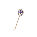 Antique blue sapphire diamond horseshoe gold pin