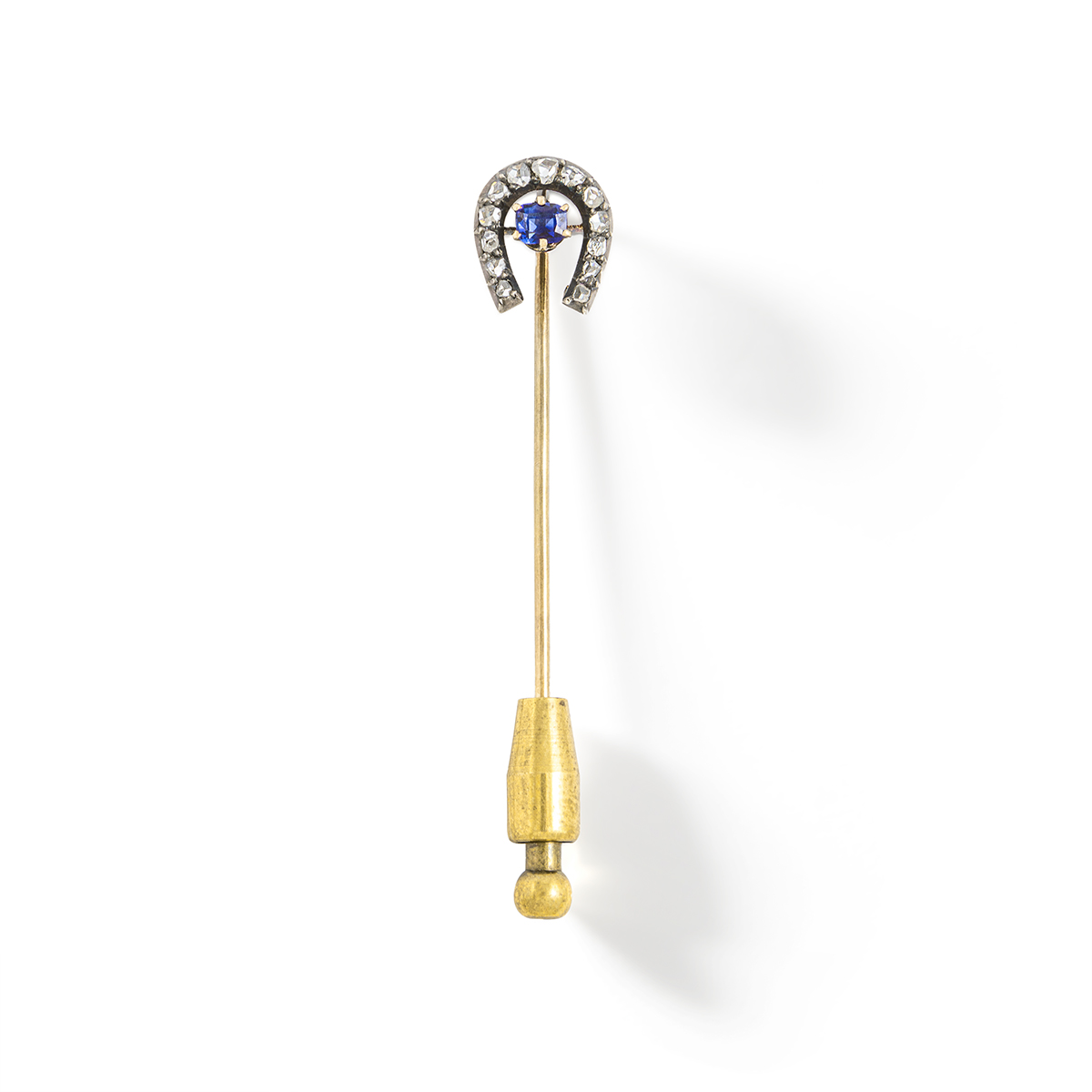 Antique blue sapphire diamond horseshoe gold pin