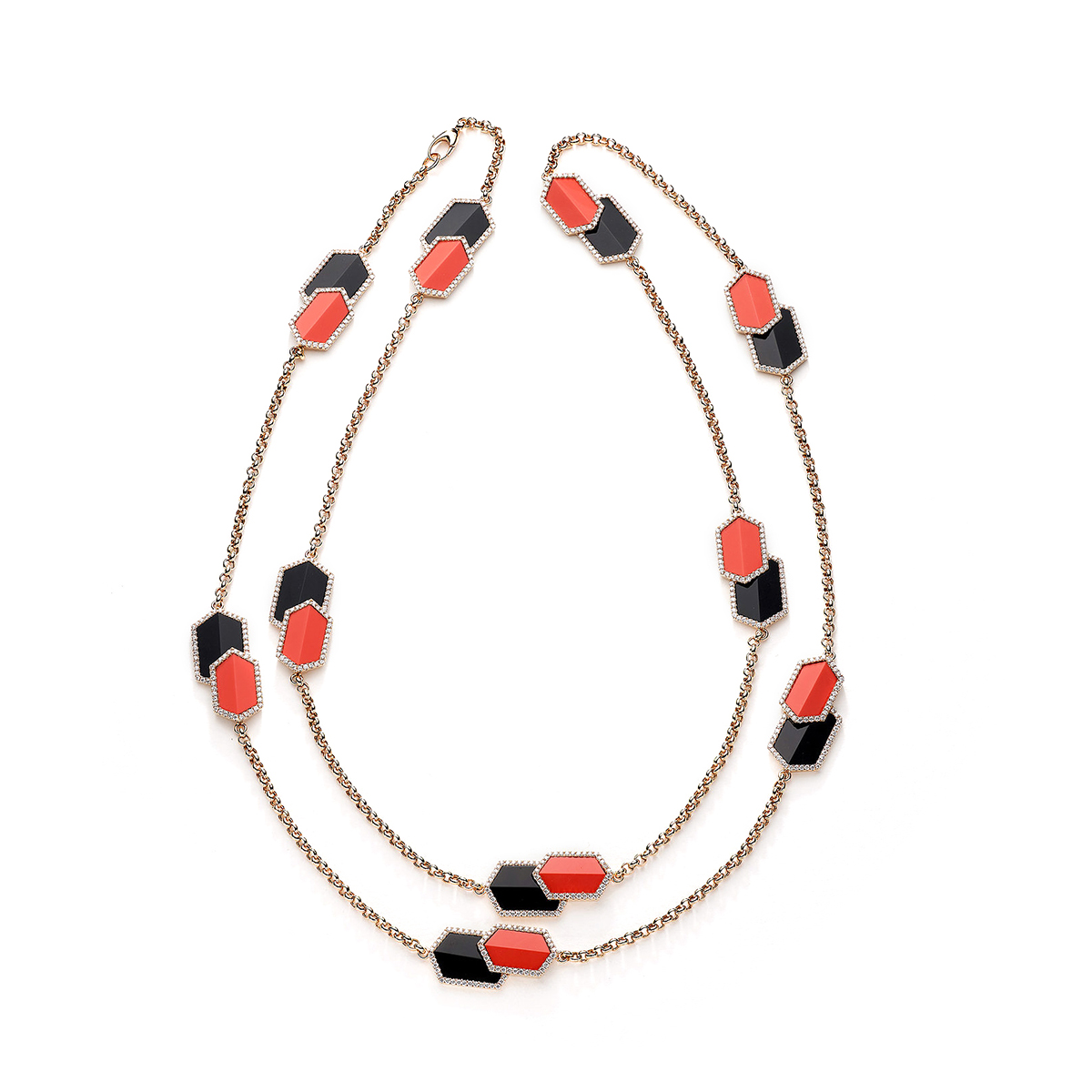 Diamonds onyx-coral pink gold 18k necklace