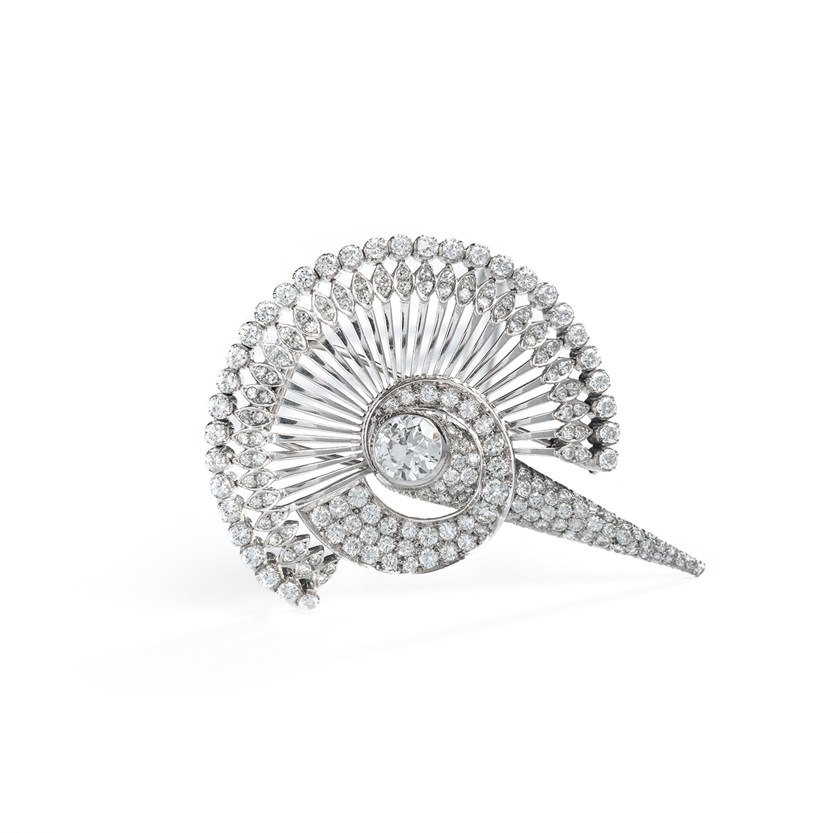 Retro Diamond and Platinum Clip Brooch. Set with a central brilliant-cut diamond, weighing approximately 2.0-2.5 carats, G-H color, VVS-VS clarity. Pavé-set with brilliant-cut and single-cut diamonds, weighing a total of approximately 5-7 carats, H-I color, VS clarity. With a double pin in the back and security cap. Maker’s mark: V S Circa 1940. Total Length: 6.8 cm / 2.7 inches Gross weight: 34.68 grams.