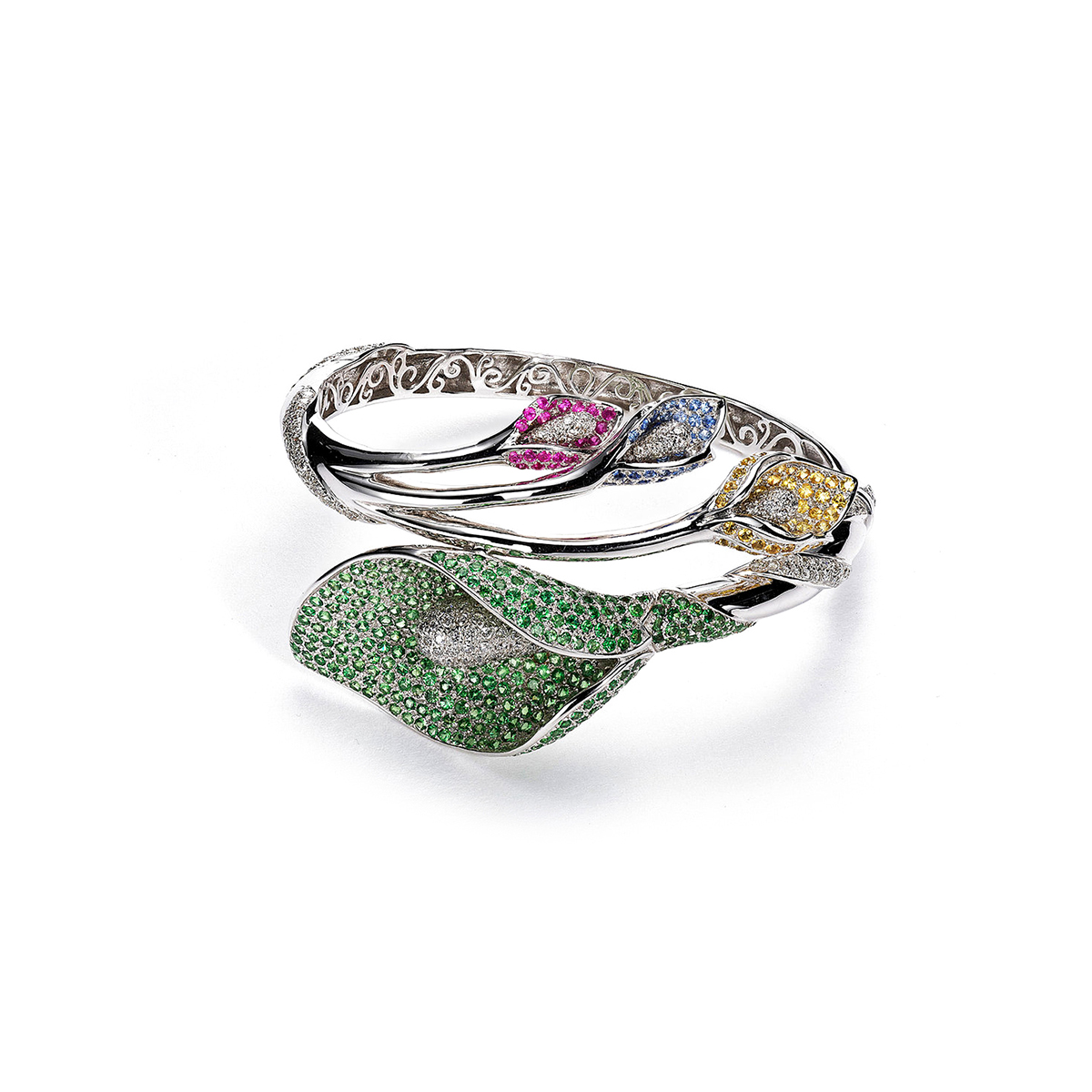 diamonds-flower-18k-white-gold-pink-green-yellow-sapphires-bracelet