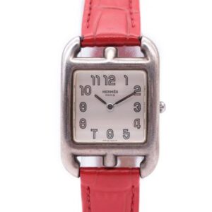 Silver watch with red strap