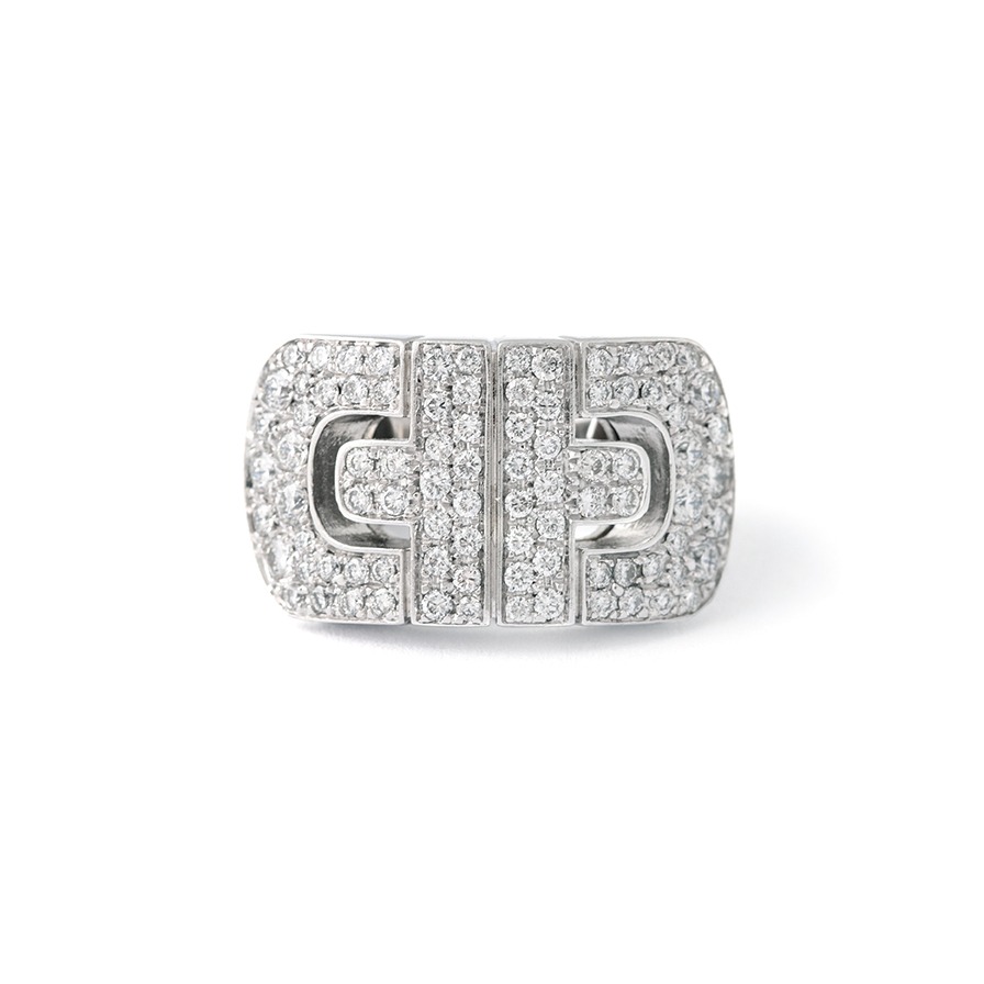 Front view of Bulgari Parentesi Revolution Ring.This ring features the iconic Parentesi motif and is made of 18k white gold. It showcases a double row of round brilliant cut diamonds set in a pave setting, adding a touch of elegance and sparkle