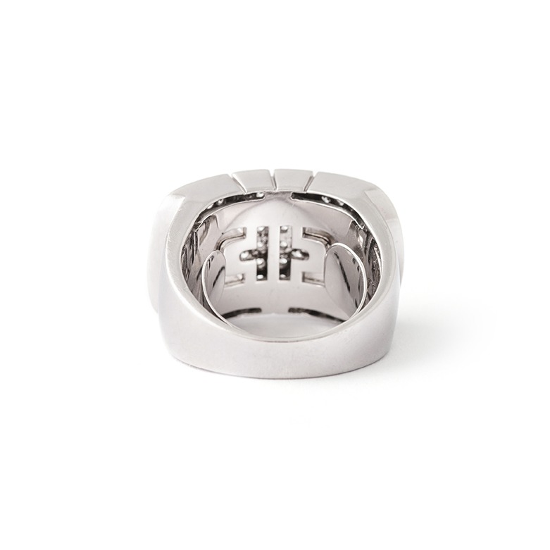 Back view of Bulgari Parentesi Revolution Ring.This ring features the iconic Parentesi motif and is made of 18k white gold. It showcases a double row of round brilliant cut diamonds set in a pave setting, adding a touch of elegance and sparkle