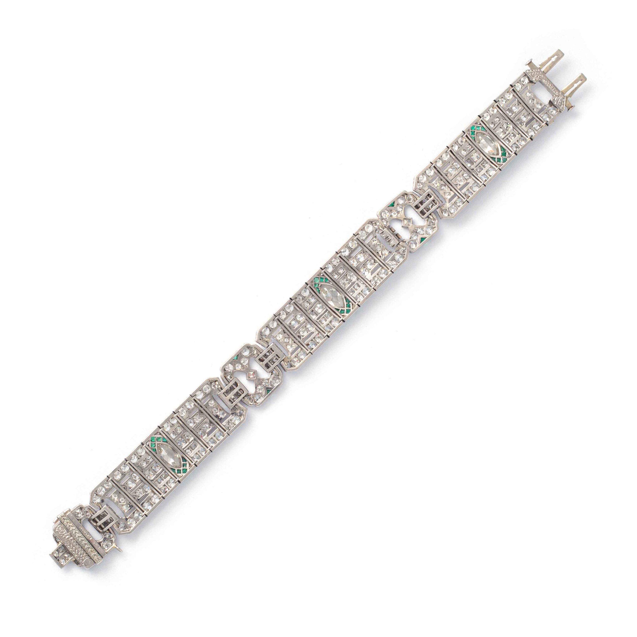 Back view of a Art Deco Bracelet in Platinum set with Diamonds and Emeralds. American work from Circa 1930.