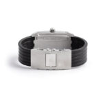 Back view of Jaeger LeCoultre Reverso Gran'Sport Automatic Linto Steel Wristwatch. Displaying a white face dial, this adaptable timepiece has a date window at the 6 o'clock position and uses Arabic numerals as hour markers. Rubber bracelet.