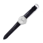 Front view of Piaget Altiplano (GOA33112) manual wind watch, features a 40mm 18k white gold case surrounding a silver dial on a brand new black alligator strap.