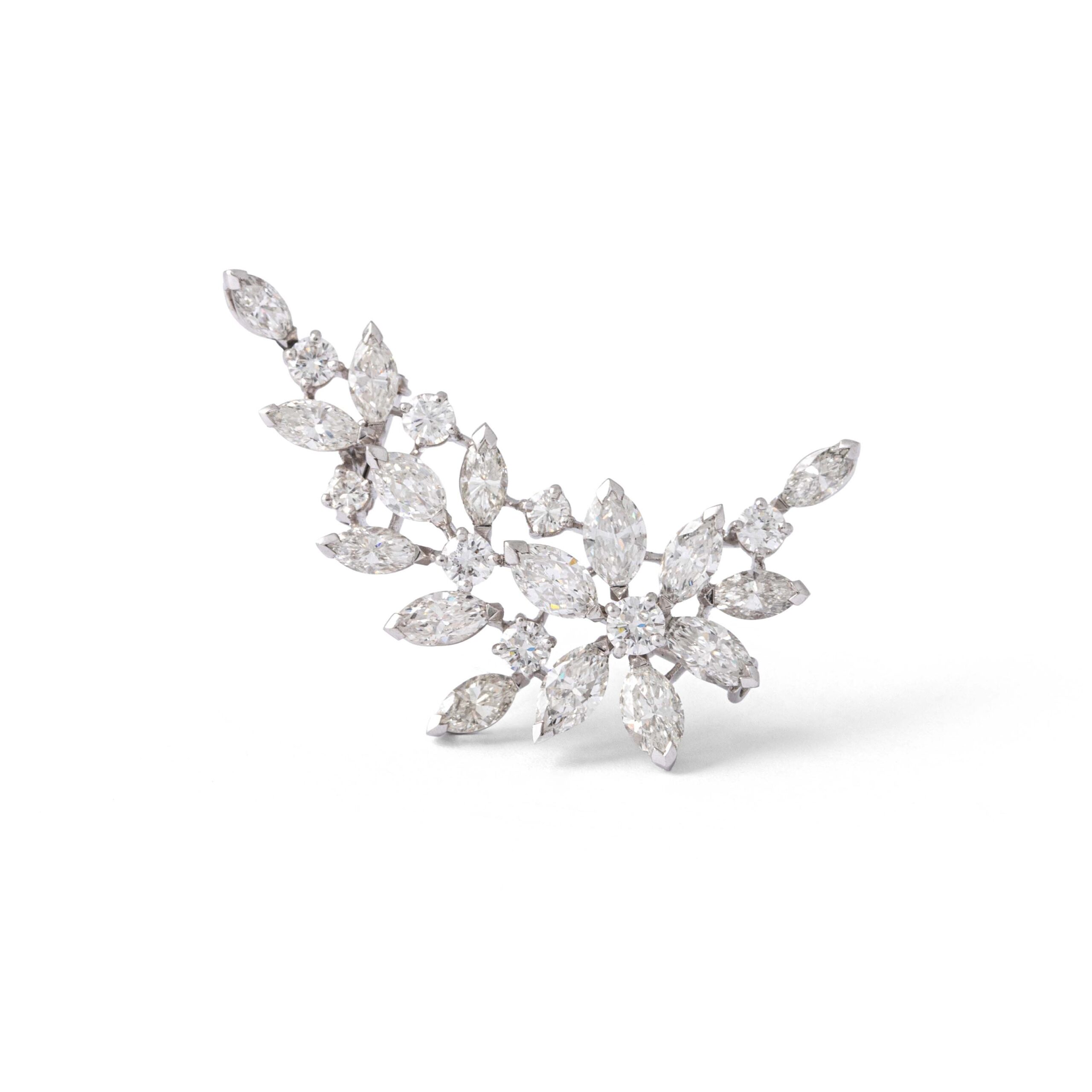 Front view Diamond 18K White Gold Brooch. 8 round cut diamond weighing about 0.95 carat total and 16 marquise cut diamond weighing about 1.95 carat total.