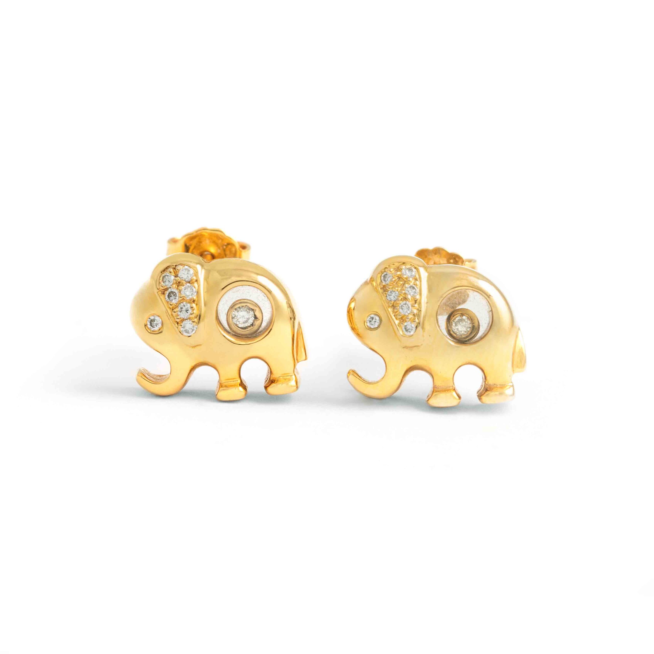 Elephant design, Diamond on Yellow Gold 18K Earrings. Dancing diamonds gently moving and twirling between two crystals. Size: 1.40 centimeters x 1.20 centimeters. Total weight: 9.57 grams.