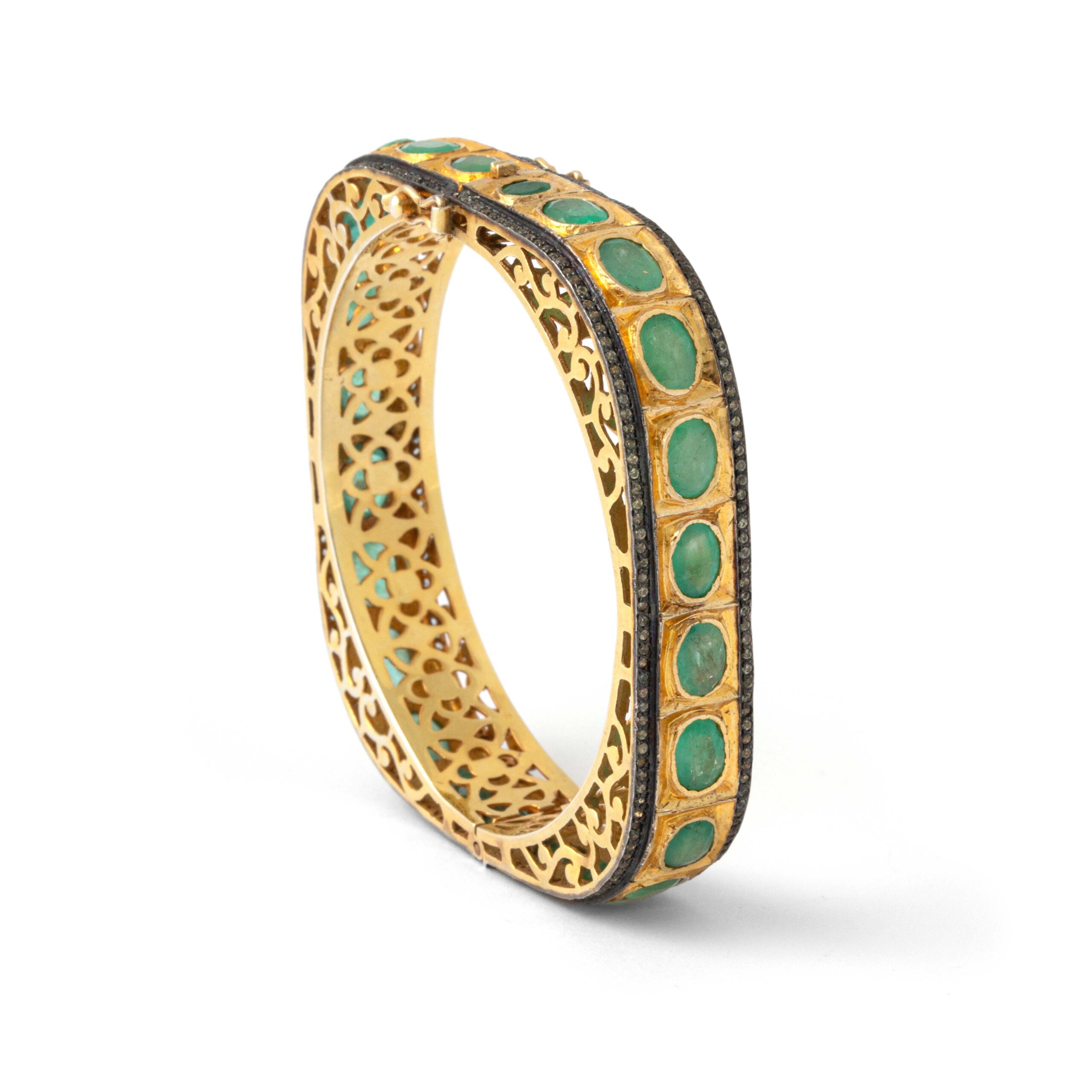 Emerald and Diamond Gold Bangle Bracelet. Indian work.