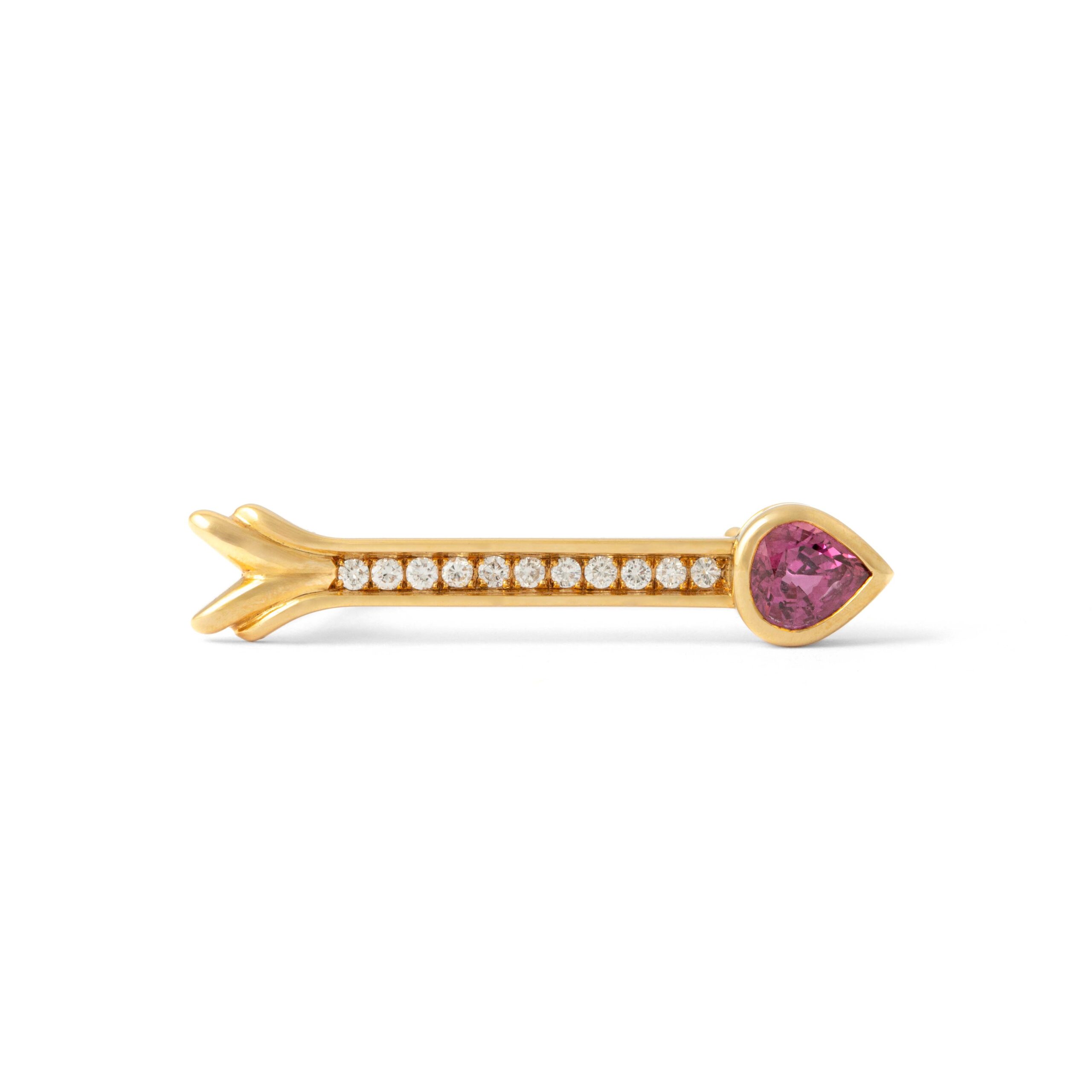 Front view Ruby Diamond 18K Yellow Gold Brooch designed as a arrow. A ruby weighing 1.26 carat and round cut diamond of 0.27 carats total estimated G color and VS clarity.