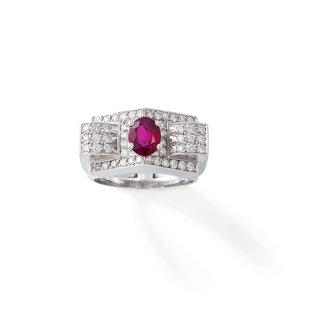 Art Deco Ruby and Diamond Platinum Ring 1930S 1.20 carat Natural Ruby surrounded by Diamond Circa 1930.