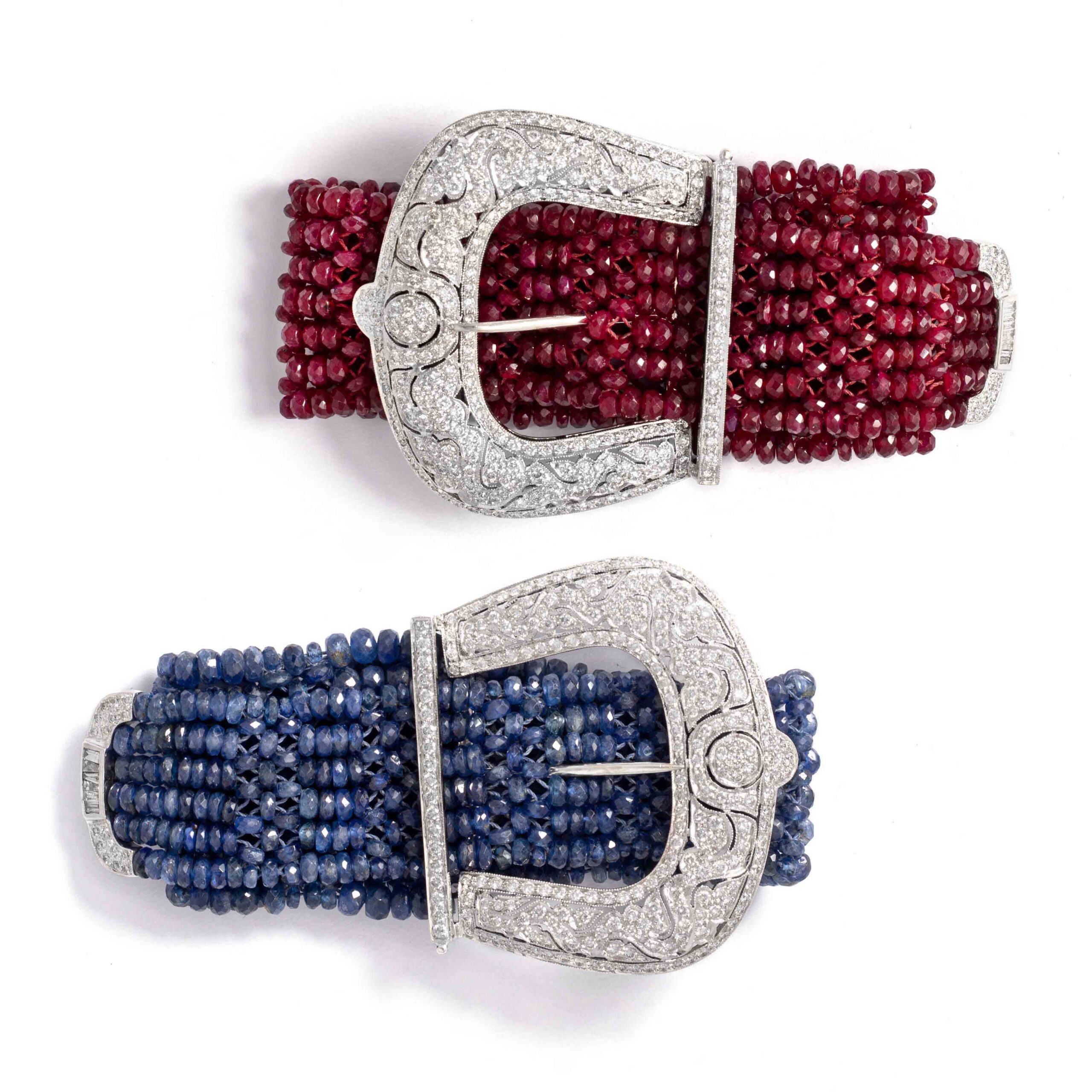 Belle Epoque design pair of diamond bracelets set respectively with rubies and sapphires.