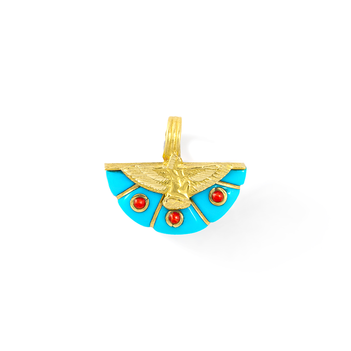 Egyptian revival eagle blue red coral 18k gold pendant