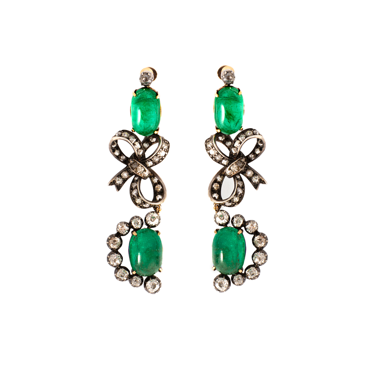 Antique Emerald Cabochon Old Mine Silver Gold Earrings